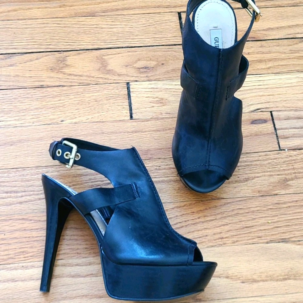 Guess black leather open toe booties